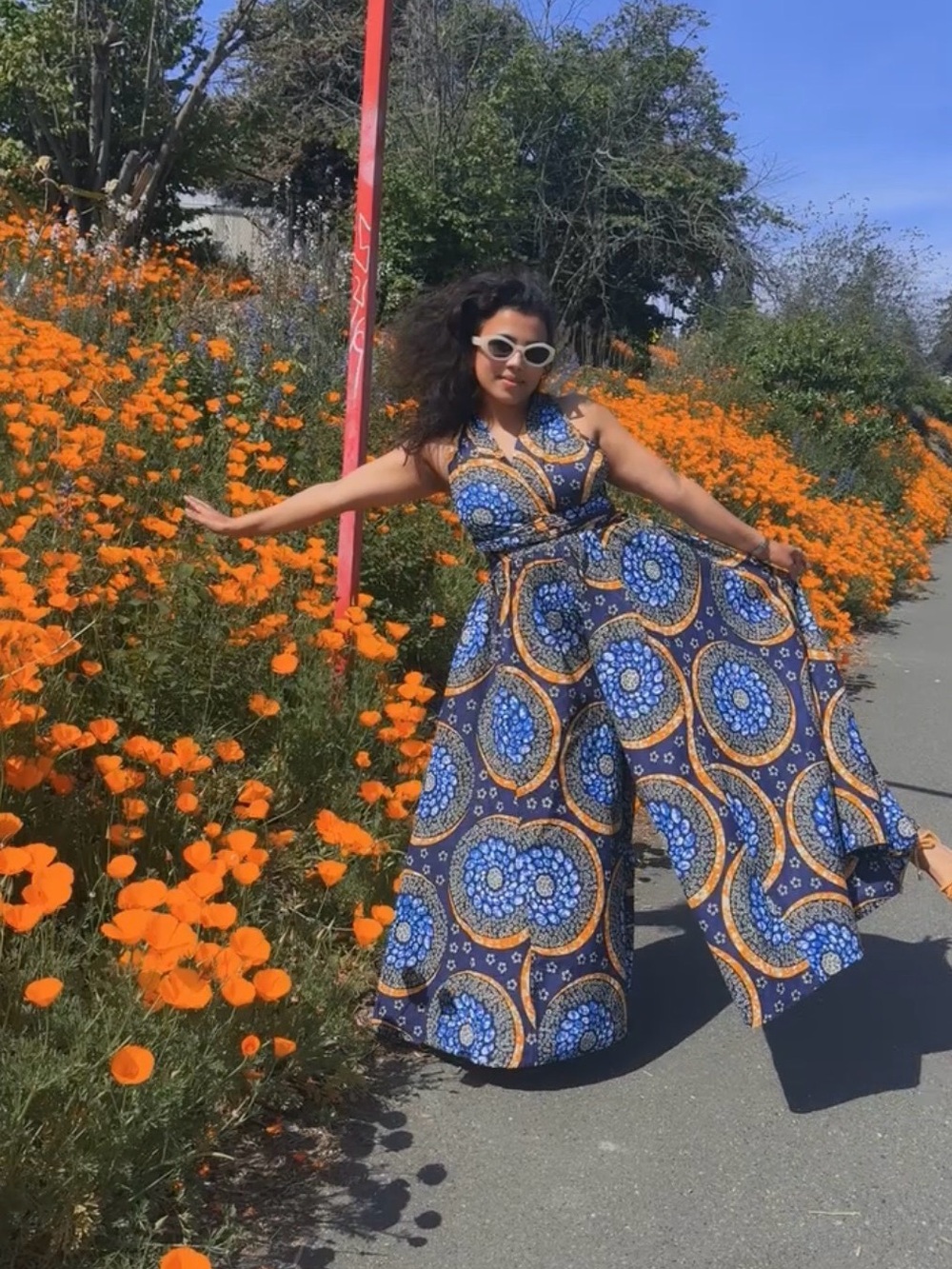 Women’s Navy Blue and Mustard Printed V-Neck Jumpsuit